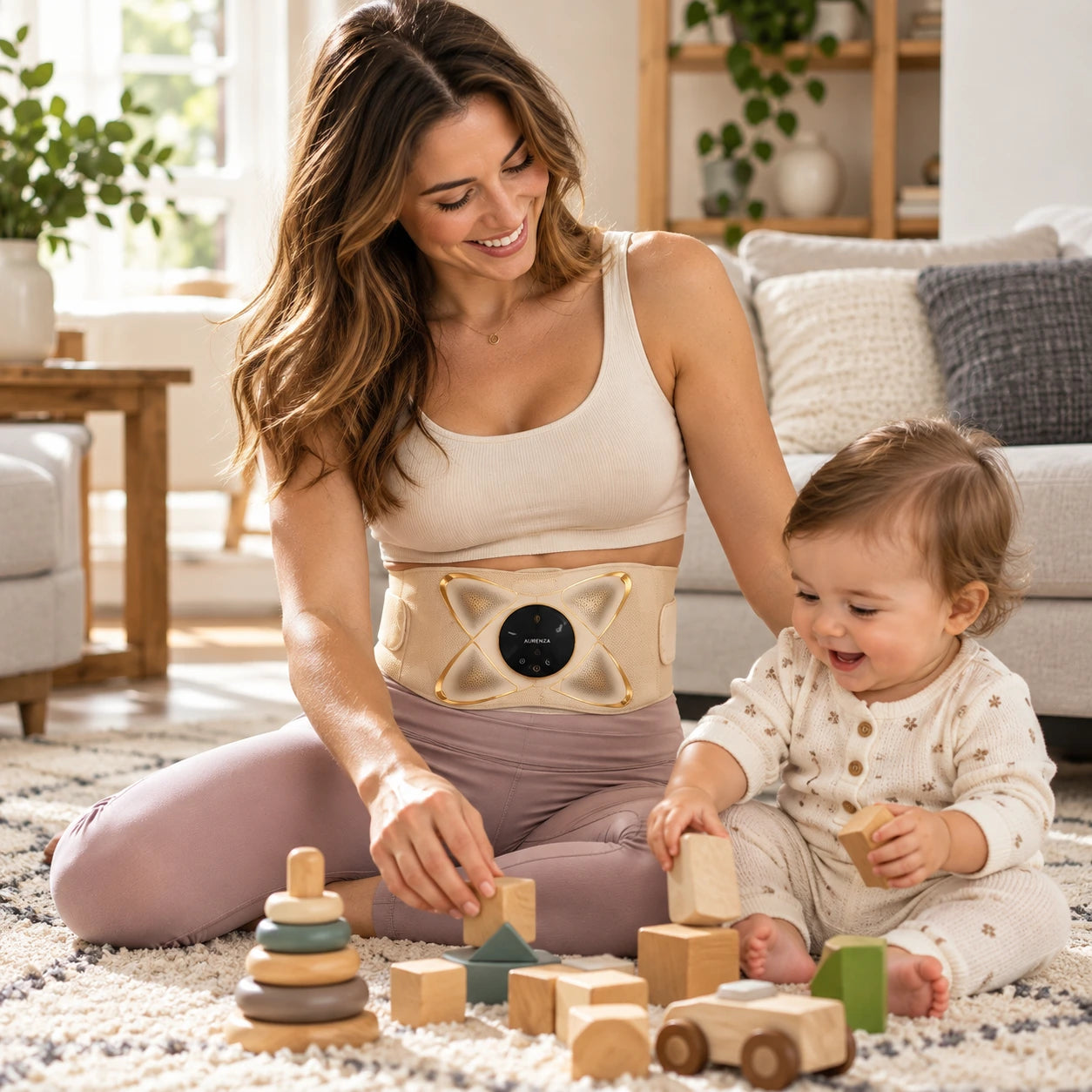 Mujer jugando en el suelo con su bebé y el cinturón AURENZA beige